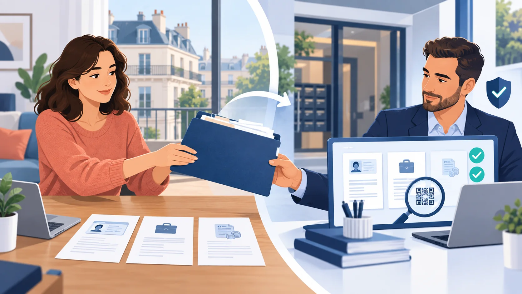 Une candidate prépare son dossier locataire puis le transmet à un professionnel qui vérifie les documents reçus