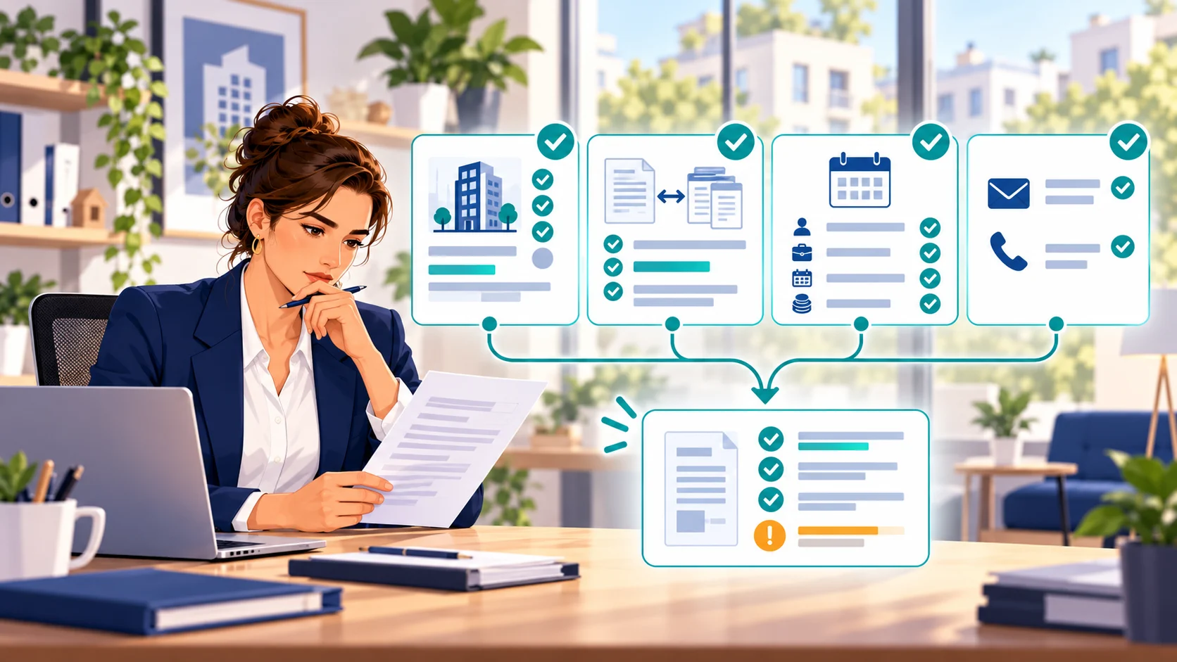 Une professionnelle compare une attestation employeur au registre de l’entreprise, au contrat, aux bulletins de paie, aux dates et à une confirmation indépendante