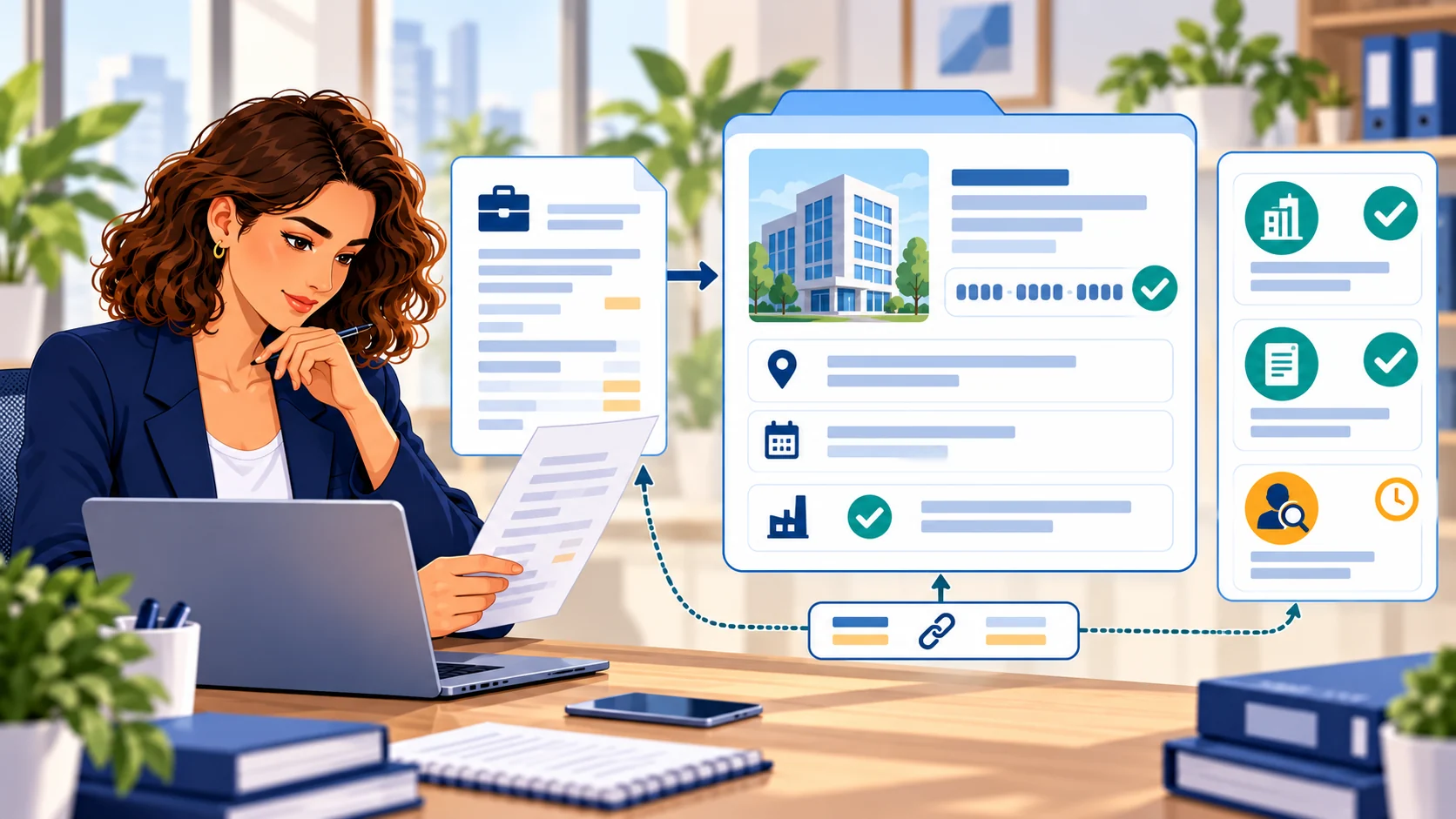 Une professionnelle compare un document de candidature aux informations officielles d’un établissement, avec contrôles du SIRET, de l’adresse et de la date d’activité