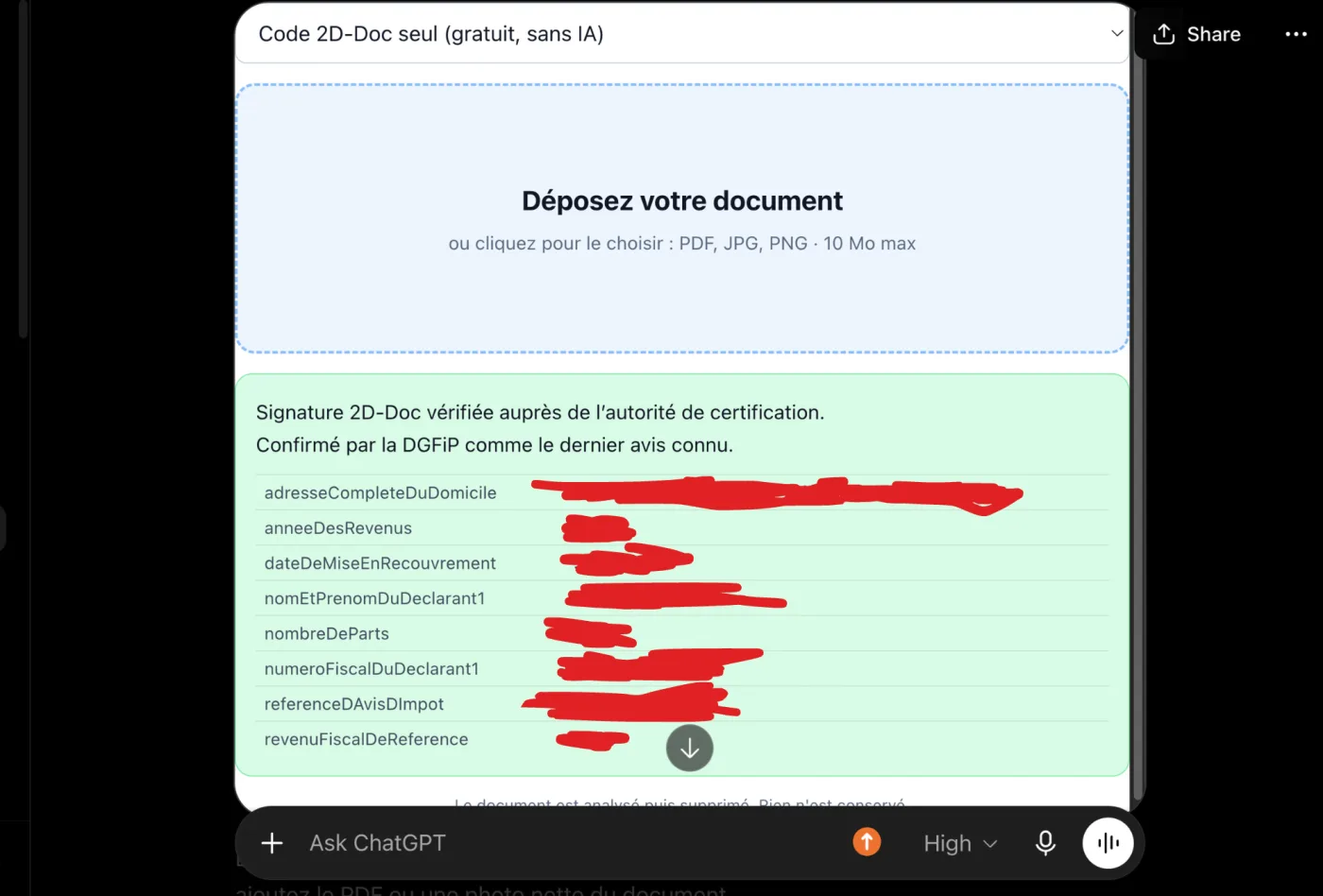 Résultat vert dans la conversation : signature 2D-Doc vérifiée et avis confirmé par la DGFiP, avec les champs signés listés.
