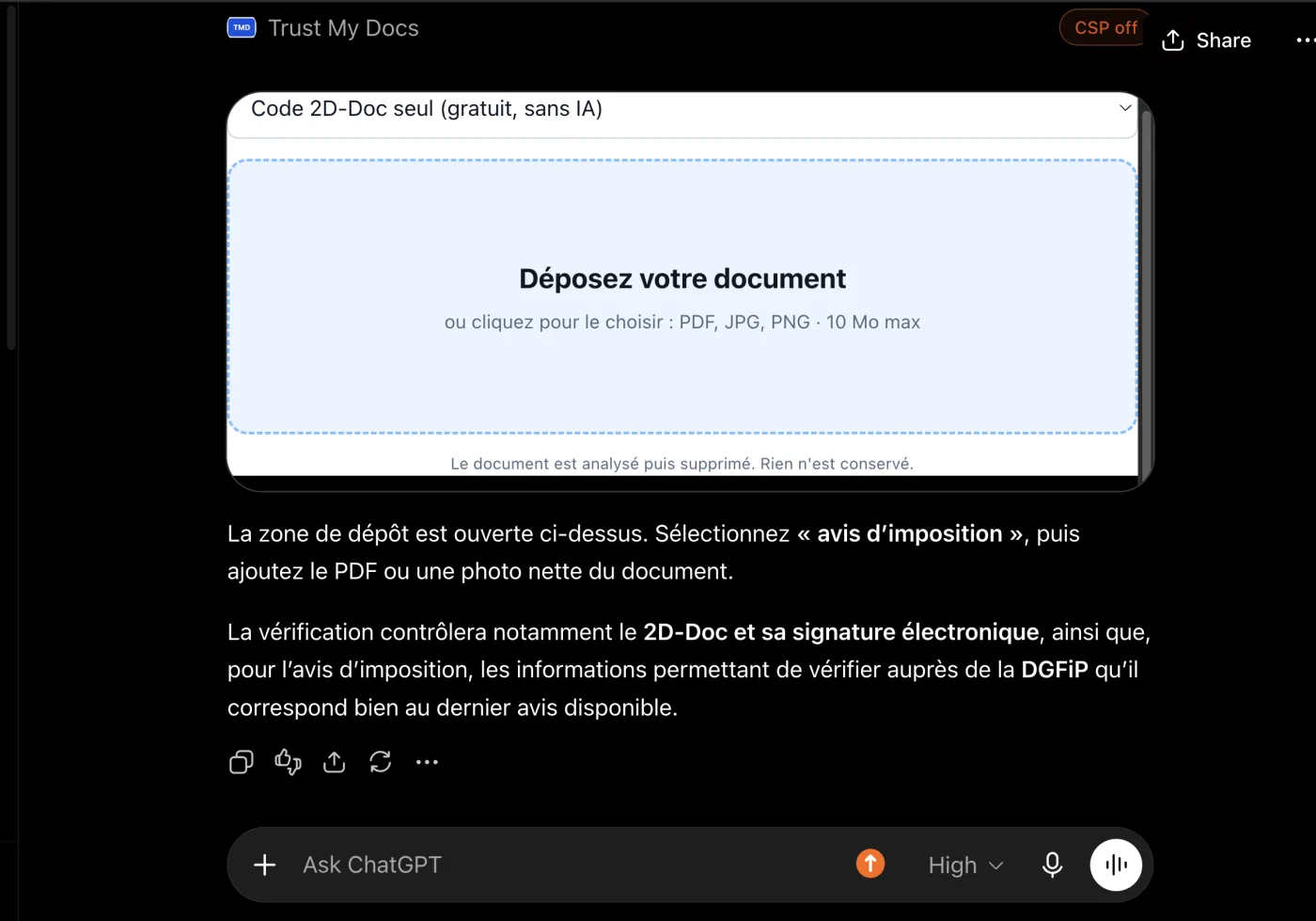 La zone de dépôt Trust My Docs affichée dans la conversation, avec le sélecteur de type de document.